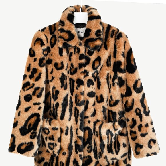 Stand Alexa Beige Black Leopard Faux Fur Coat - Picture 2 of 9